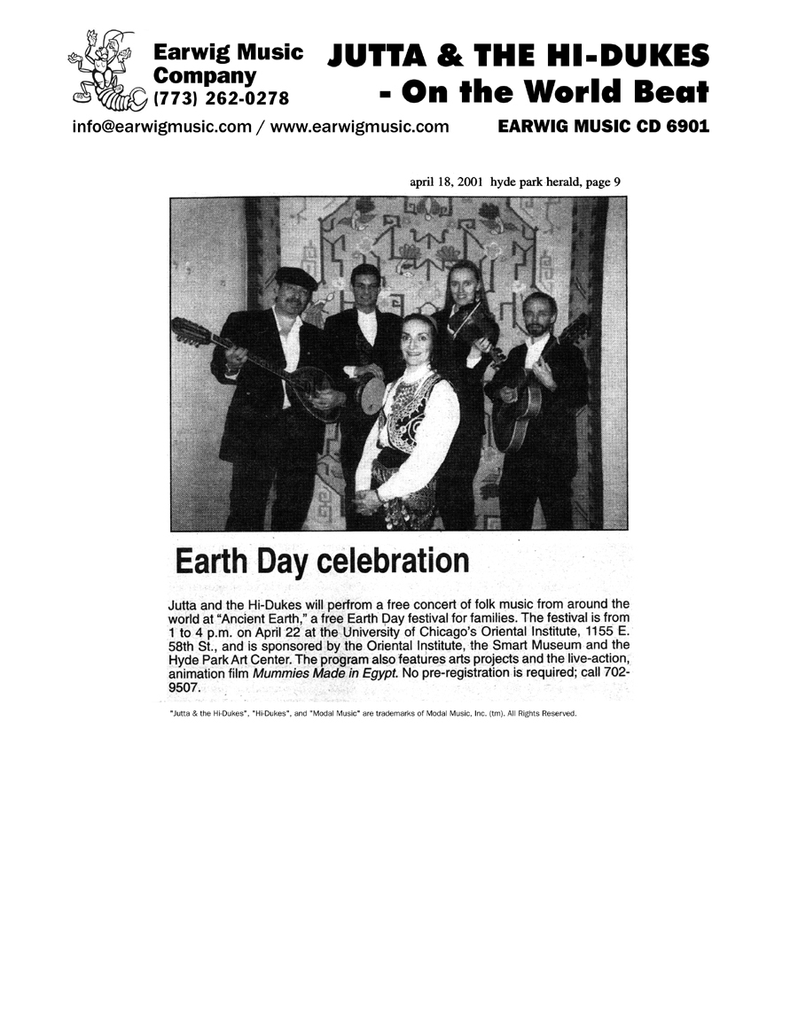 Image of the Chicago Hyde Park Herald April 18, 2001 newspaper clipping about Jutta & the Hi-Dukes (tm)Design &copy; 2011 Modal Music, Inc. (tm) All rights reserved.